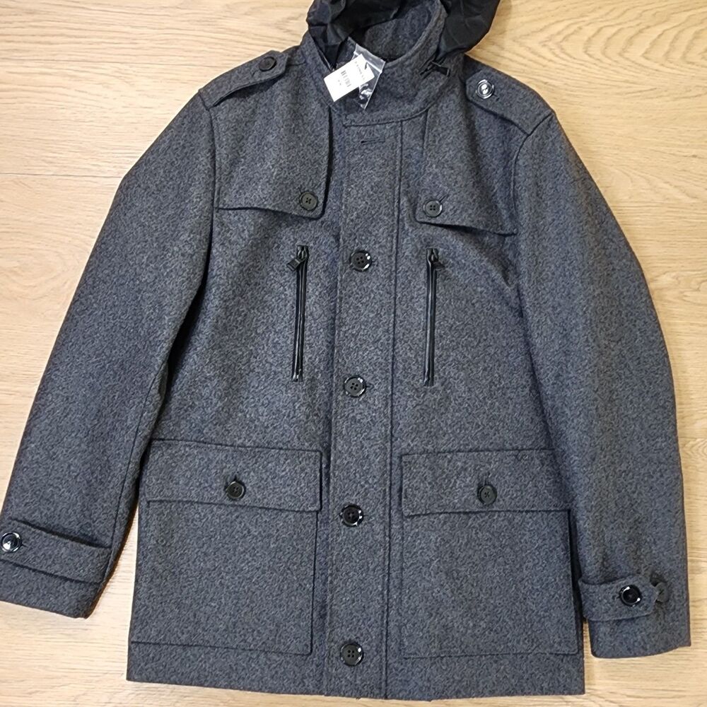 Express Pea Coat Mens Medium Gray Wool Blend Warm Button Lined Winter Jacket NEW